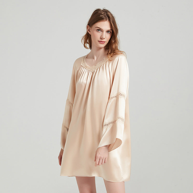 Silk Nightgown with Lace Trimmed Bell Sleeves