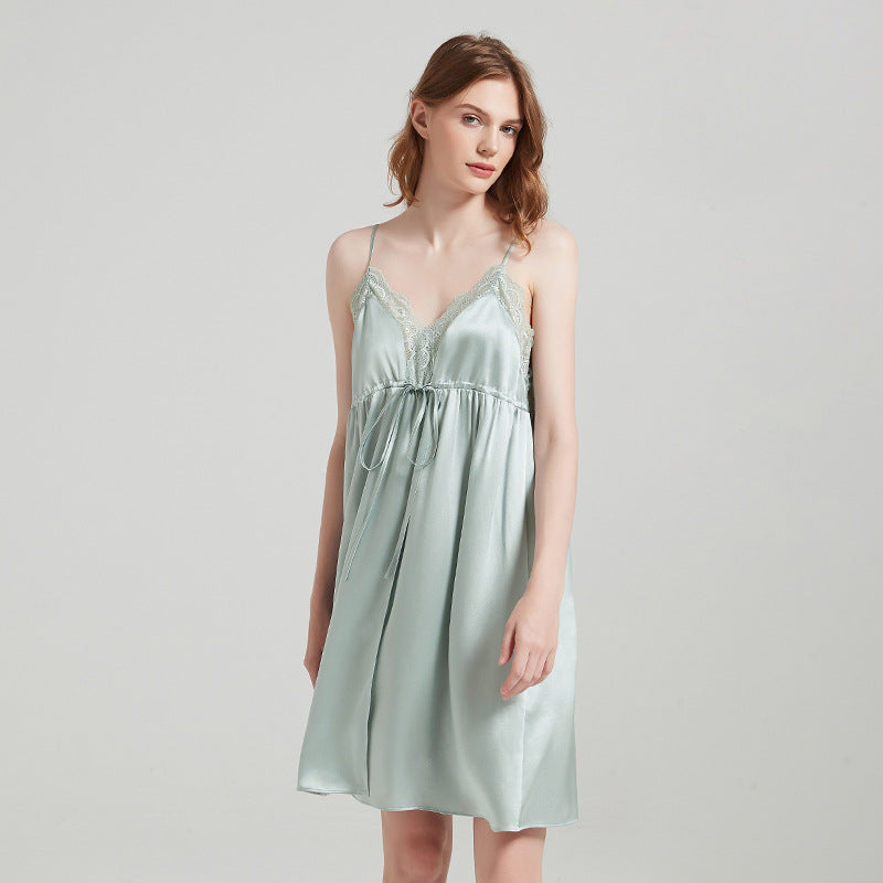 Pure Silk Lace Trim Split Hem Chemise Nightgown
