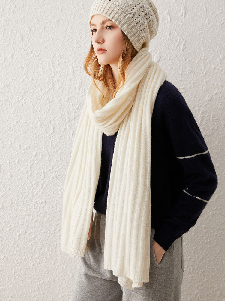 Ribbed Knit Wool-Cashmere Blend Shawl Scarf