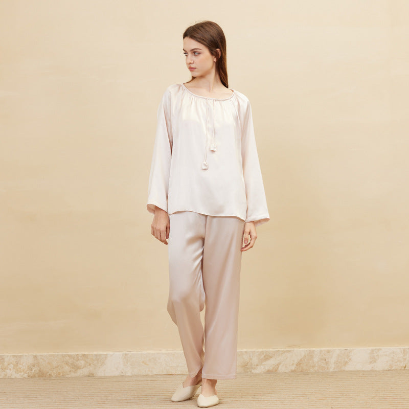 Round Neck Drawstring Top & Pants Silk Pajama Set
