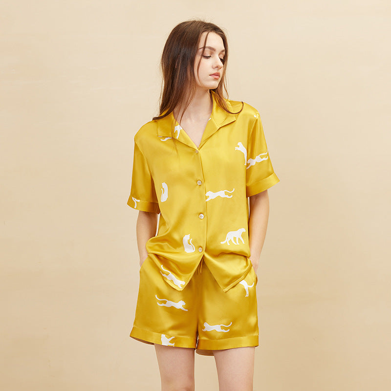 Golden Panther Printed Silk Pajama Set