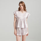 Silk Ruffled Short Sleeves Top & Shorts Pajama Set