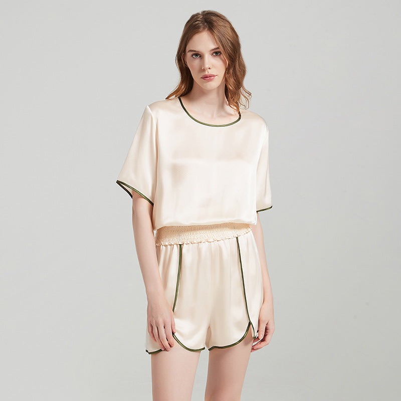 Contrast Color Trim Silk Short Sleeved Top and Shorts Pajama Set