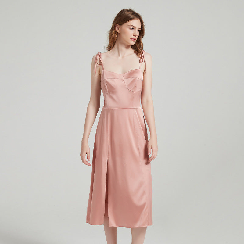Pure Silk Strap Split Hem Midi Long Dress