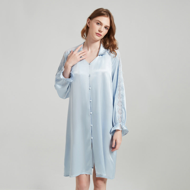 Silk Button Up Nightshirt with Lace Detailed Sleeves