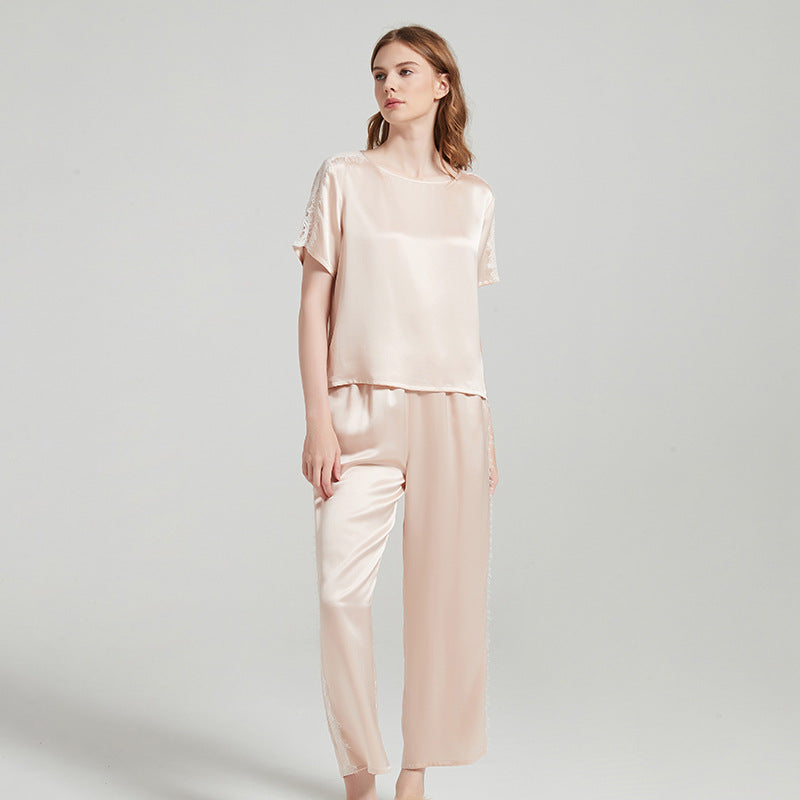 Silk Pajama Set with Lace Detailing on Sleeves and Pant Sides