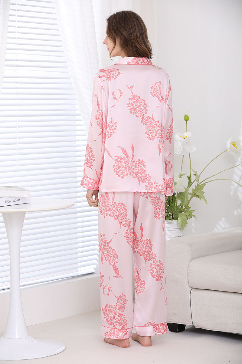 Women's Silk Pink Floral Printed Full Length Pajama Set