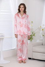 Women's Silk Pink Floral Printed Full Length Pajama Set