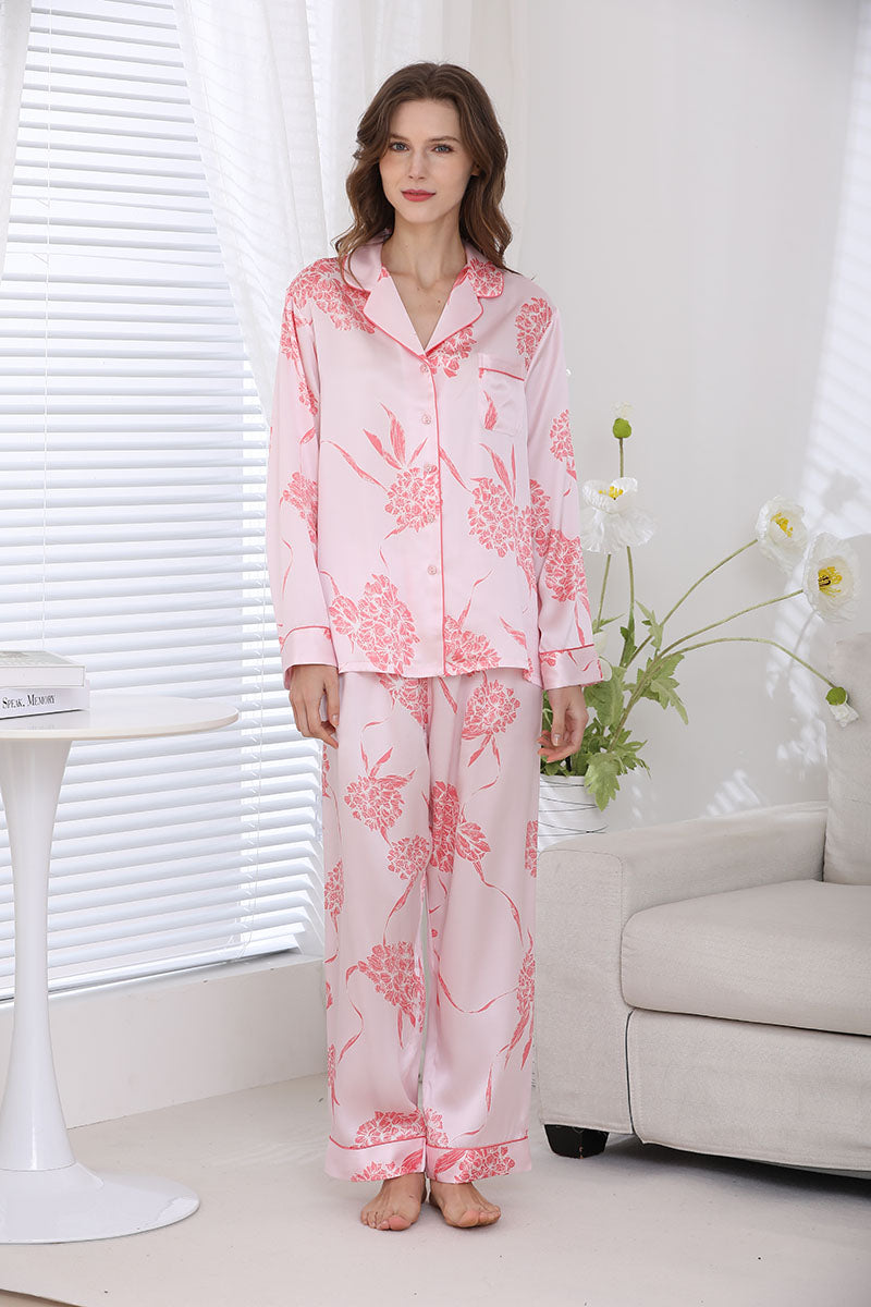 Women's Silk Pink Floral Printed Full Length Pajama Set