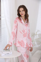 Women's Silk Pink Floral Printed Full Length Pajama Set