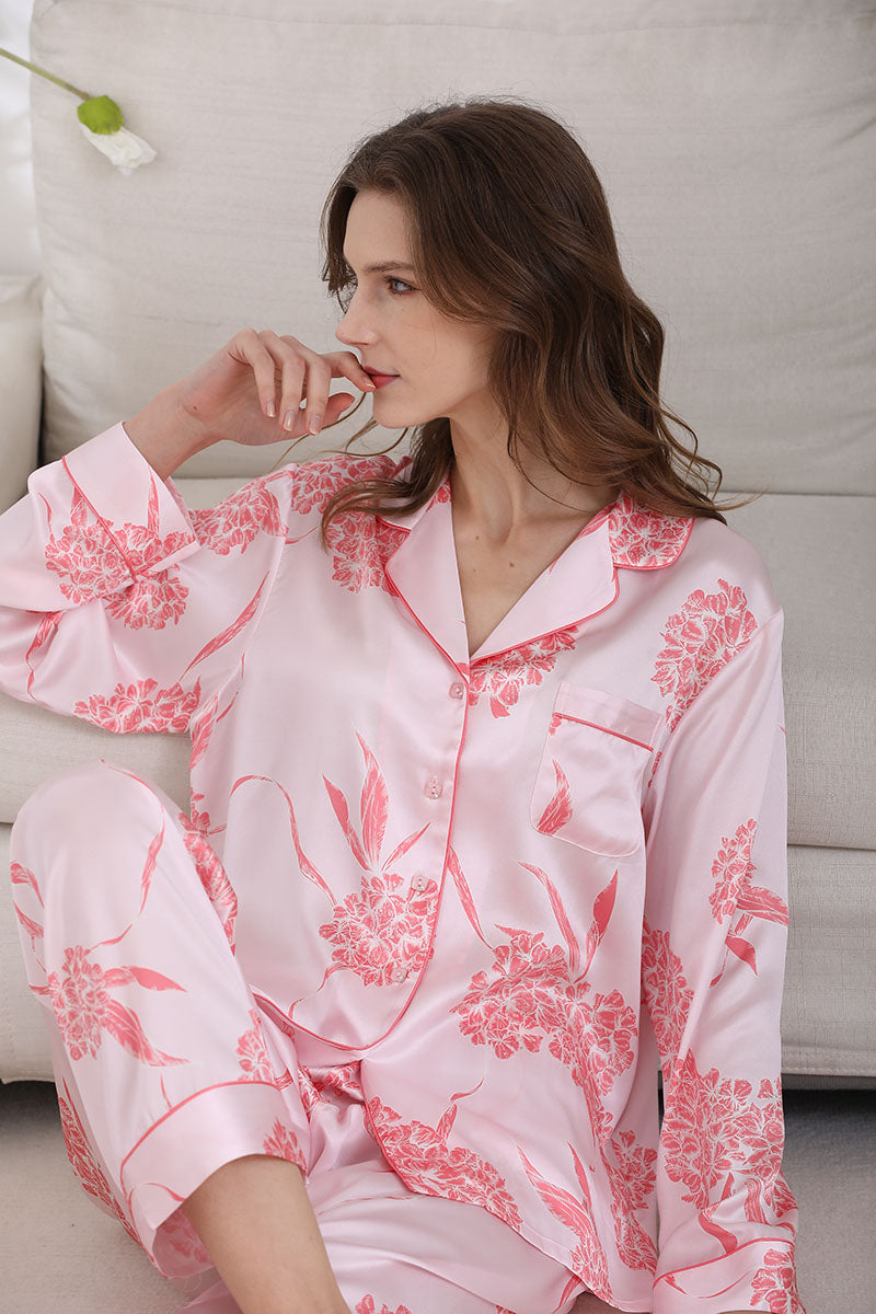 Women's Silk Pink Floral Printed Full Length Pajama Set