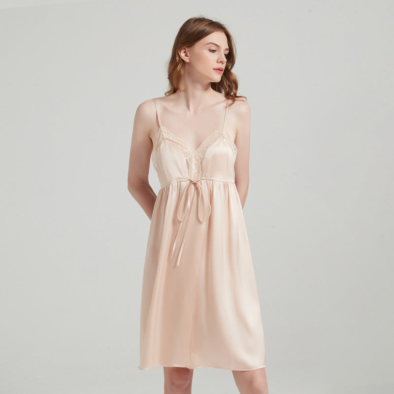 Pure Silk Lace Trim Split Hem Chemise Nightgown