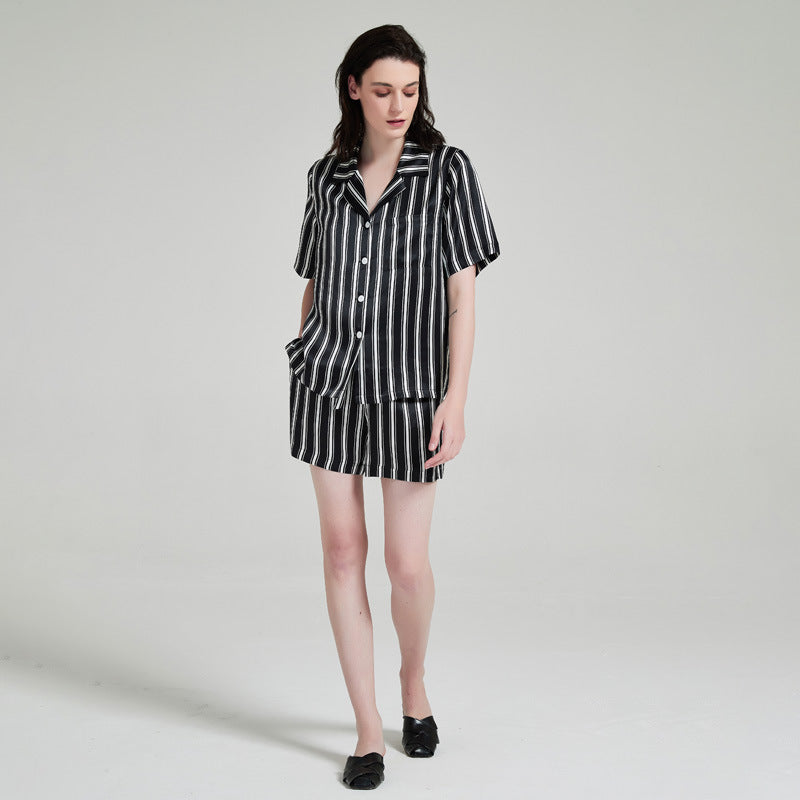 Pure Silk Striped Short Sleeve Pajama Set