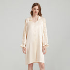 Silk Button Up Nightshirt with Lace Detailed Sleeves