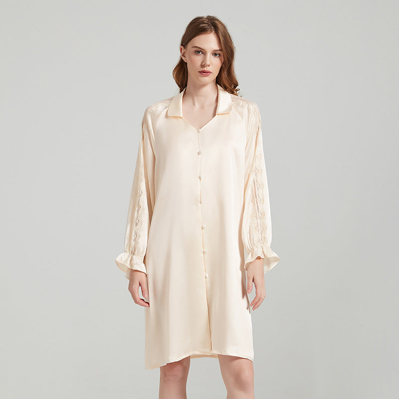 Silk Button Up Nightshirt with Lace Detailed Sleeves