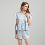 Silk Ruffled Short Sleeves Top & Shorts Pajama Set