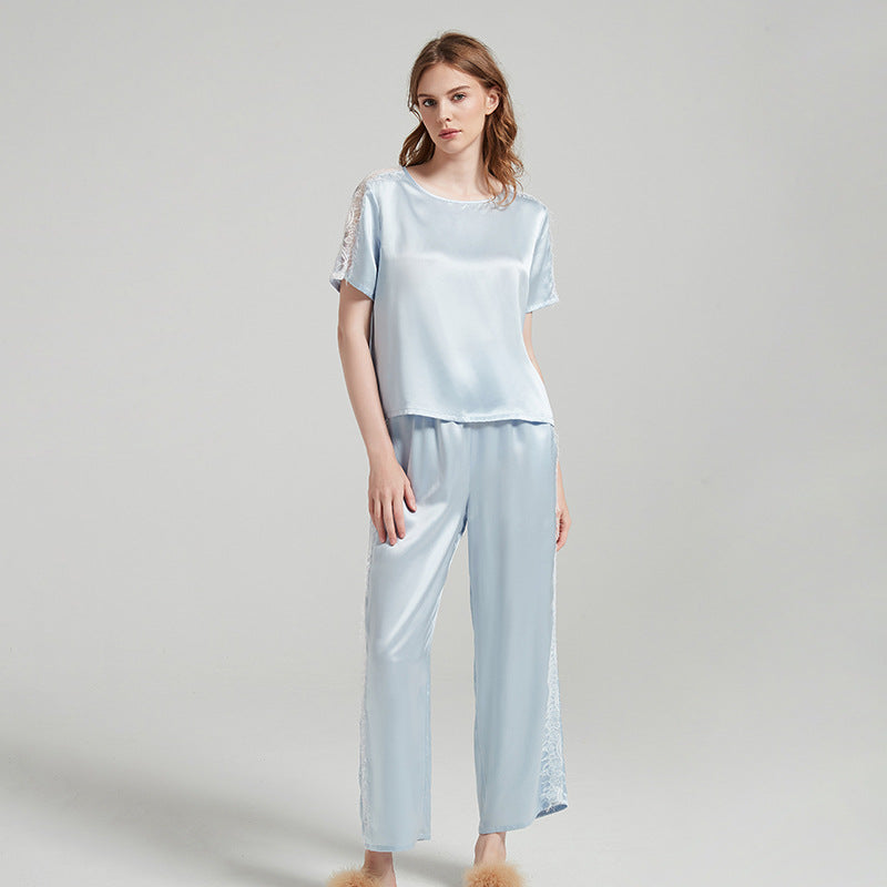 Silk Pajama Set with Lace Detailing on Sleeves and Pant Sides