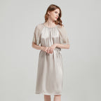 Drawstring Waist Silk Dress with Lace Trimmed Cuffs