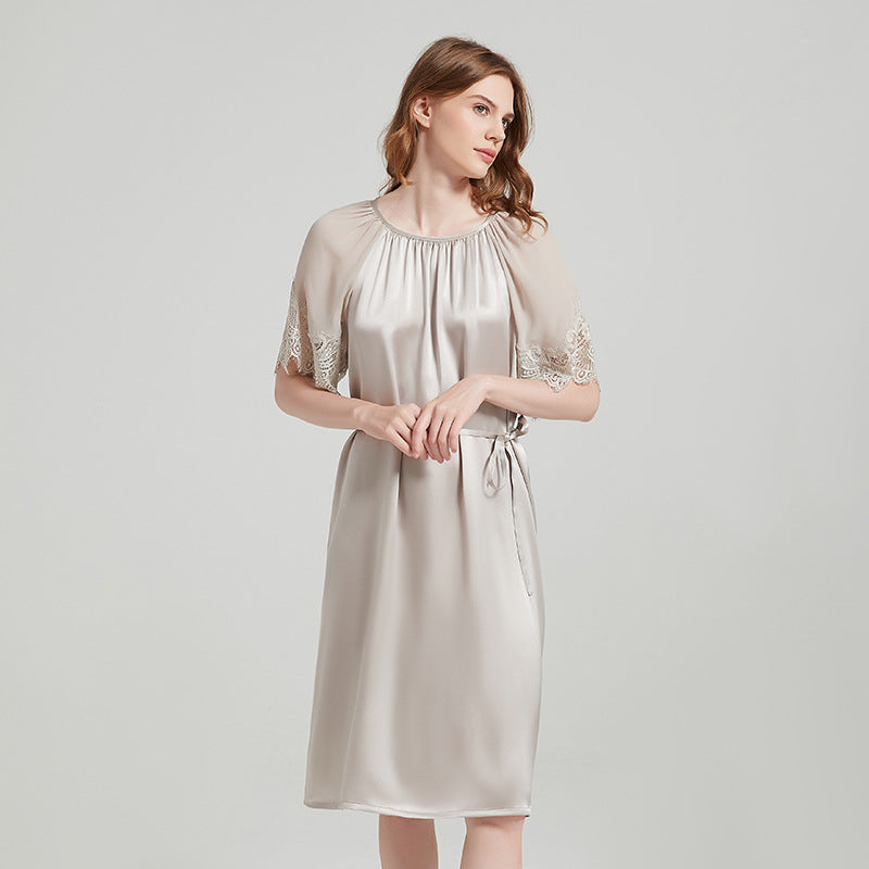 Drawstring Waist Silk Dress with Lace Trimmed Cuffs