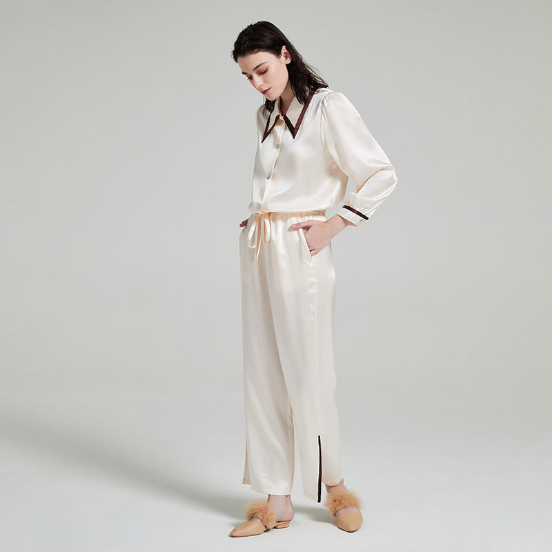 Silk Long Sleeved Pajama Set with Contrasting Color Accents