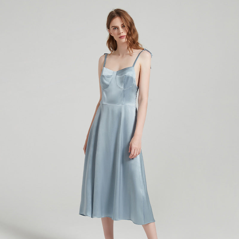 Pure Silk Strap Split Hem Midi Long Dress