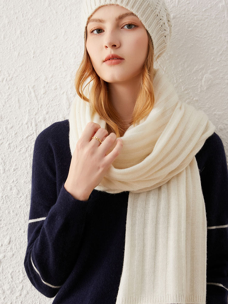 Ribbed Knit Wool-Cashmere Blend Shawl Scarf