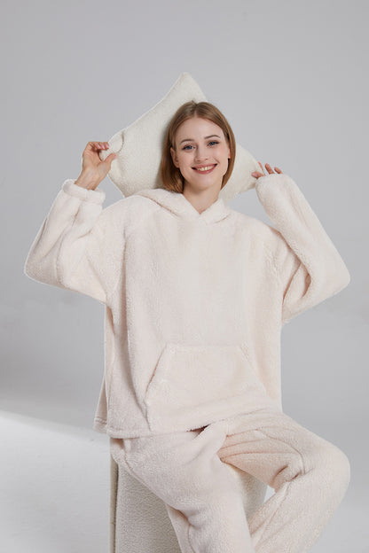 Warm Coral Fleece Pajamas Set With  Hoodie