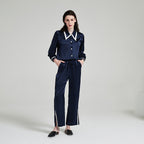 Silk Long Sleeved Pajama Set with Contrasting Color Accents