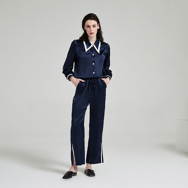 Silk Long Sleeved Pajama Set with Contrasting Color Accents