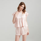 Silk Ruffled Short Sleeves Top & Shorts Pajama Set
