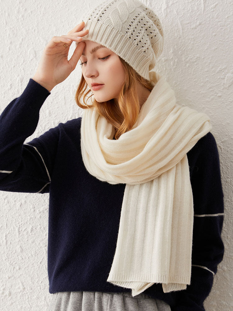 Ribbed Knit Wool-Cashmere Blend Shawl Scarf