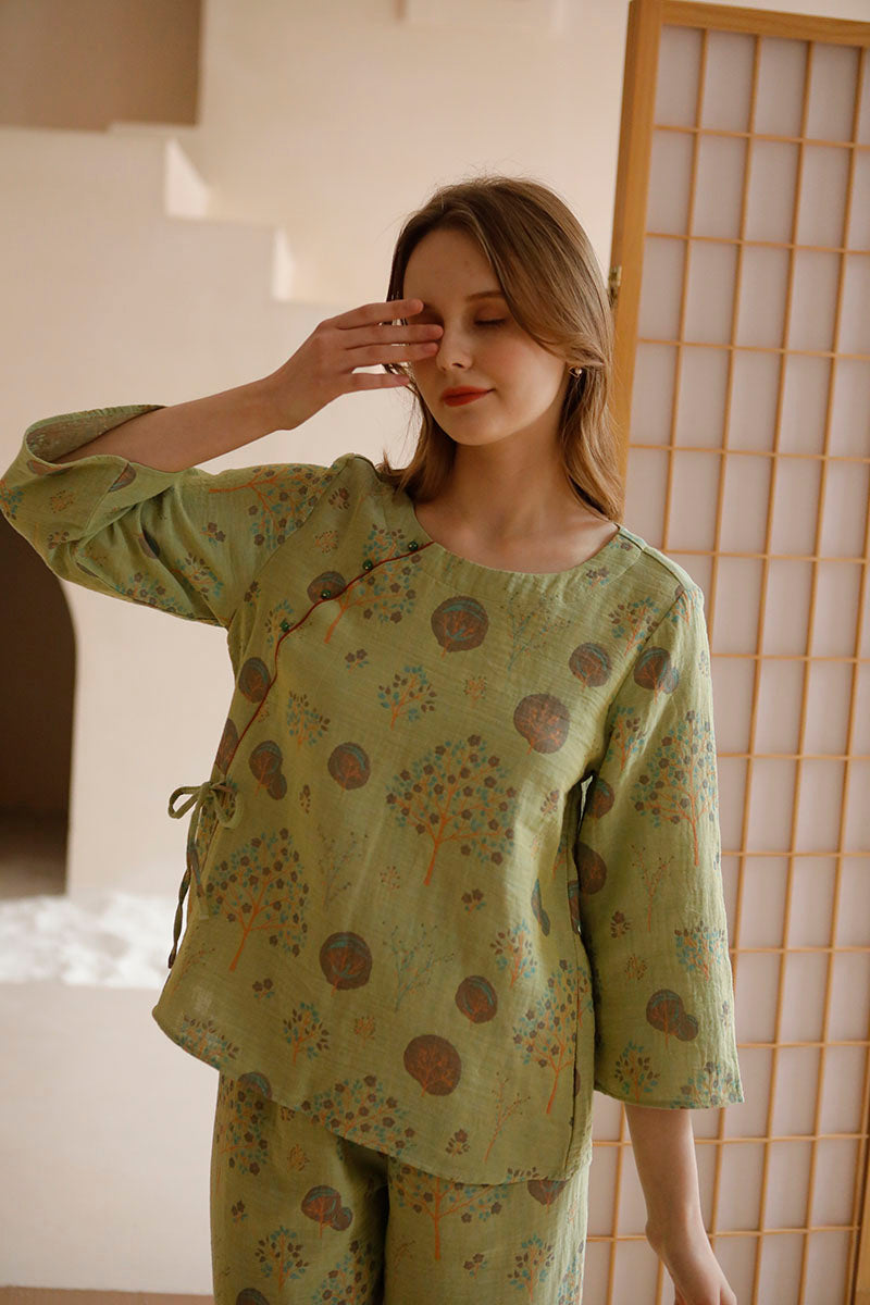 Cotton Oriental Classical Style Floral Print Pajama Set