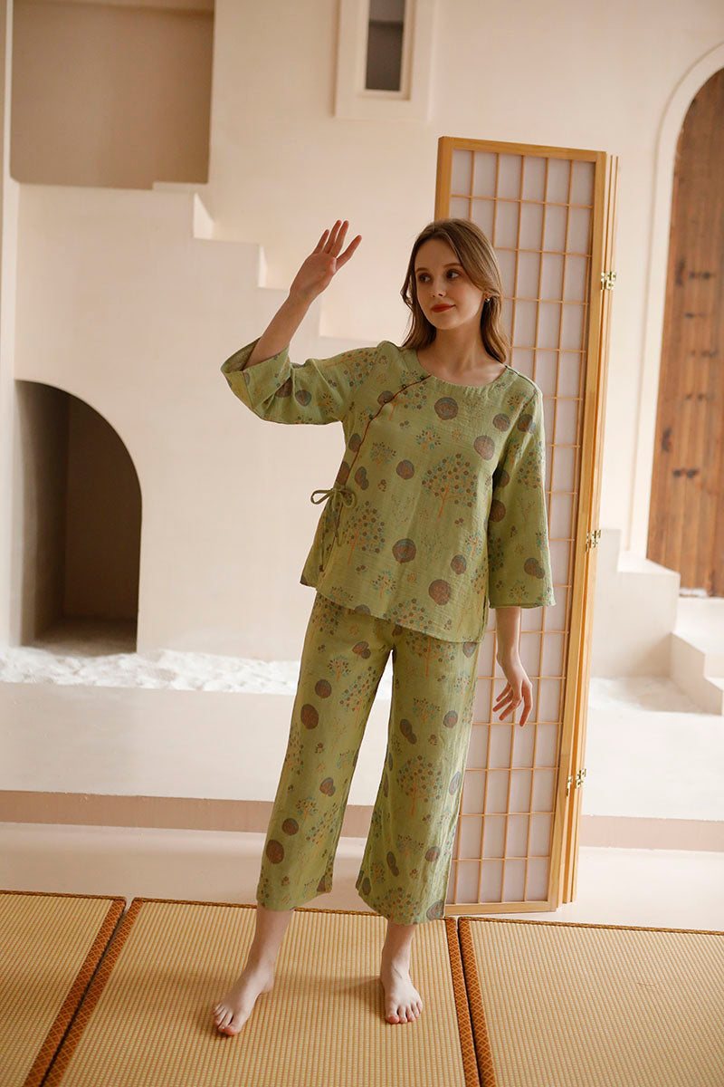 Cotton Oriental Classical Style Floral Print Pajama Set