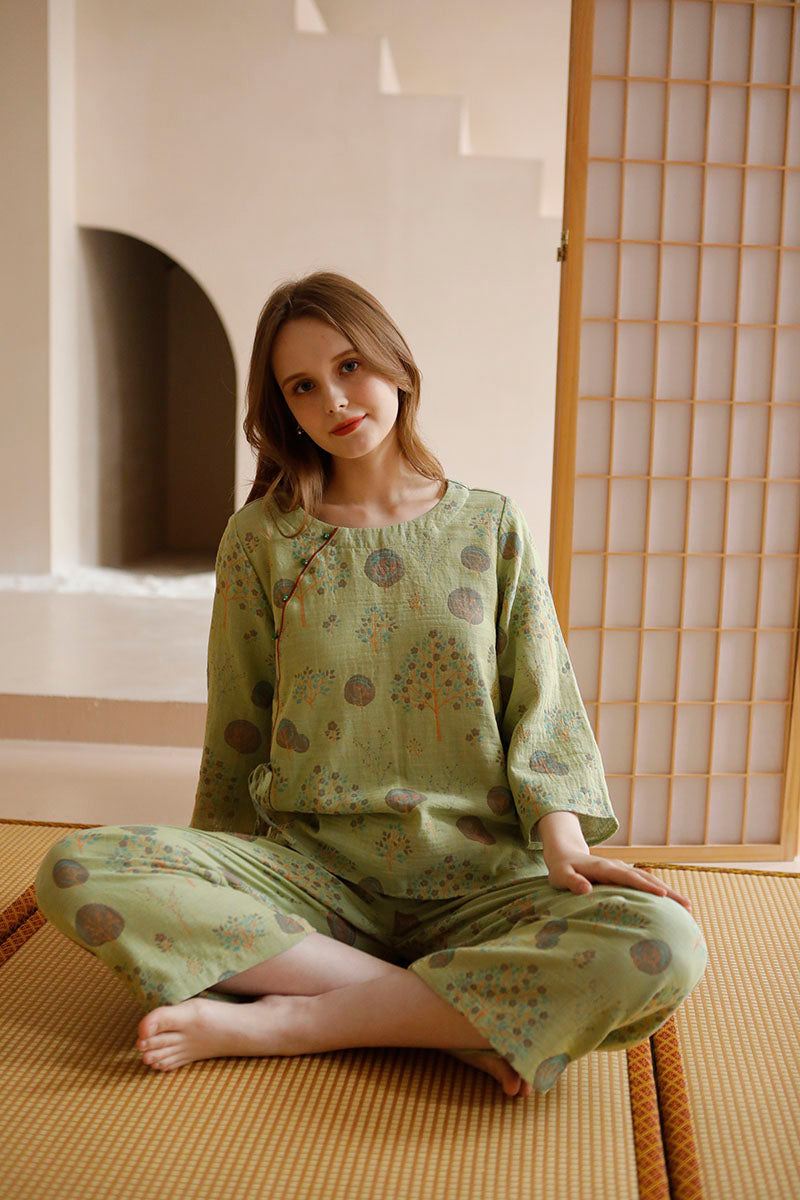 Cotton Oriental Classical Style Floral Print Pajama Set