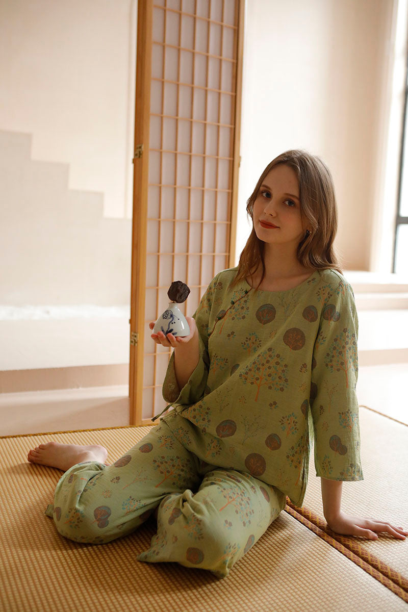 Cotton Oriental Classical Style Floral Print Pajama Set