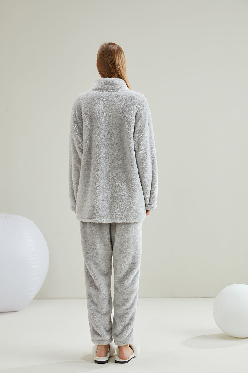 Warm Coral Fleece Pajamas Set With Buttons