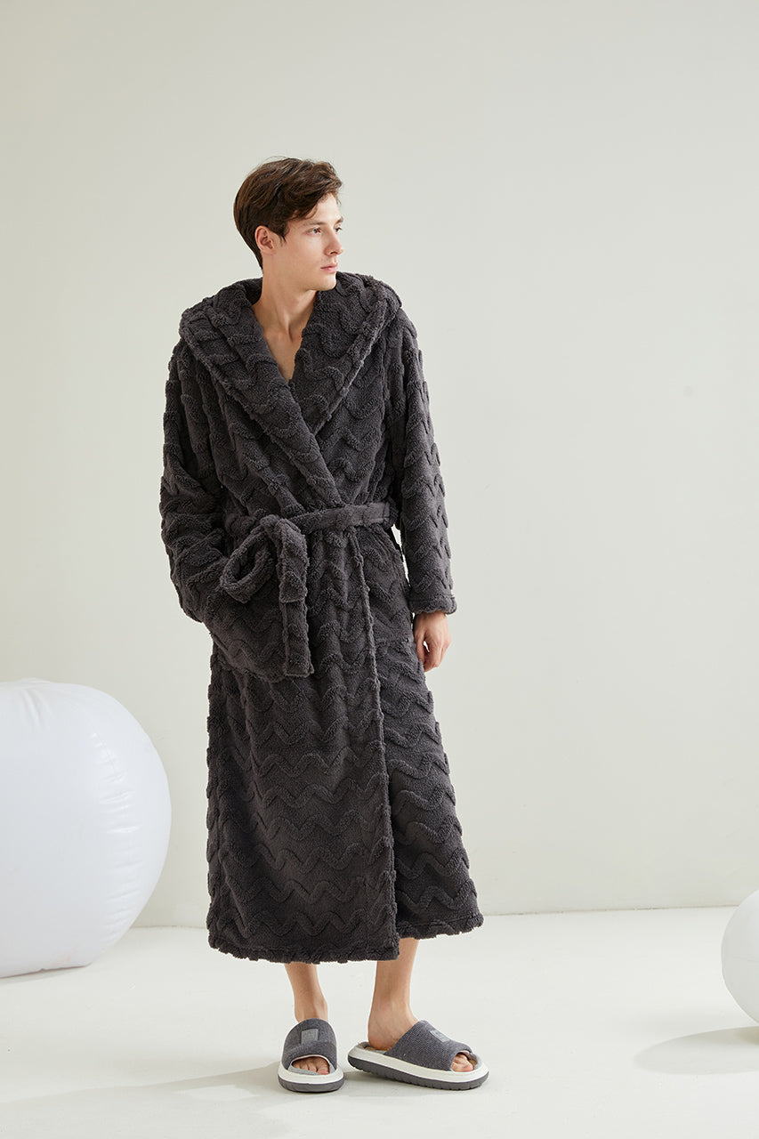 Hooded Wave Pattern Hoodie Lapel Robe