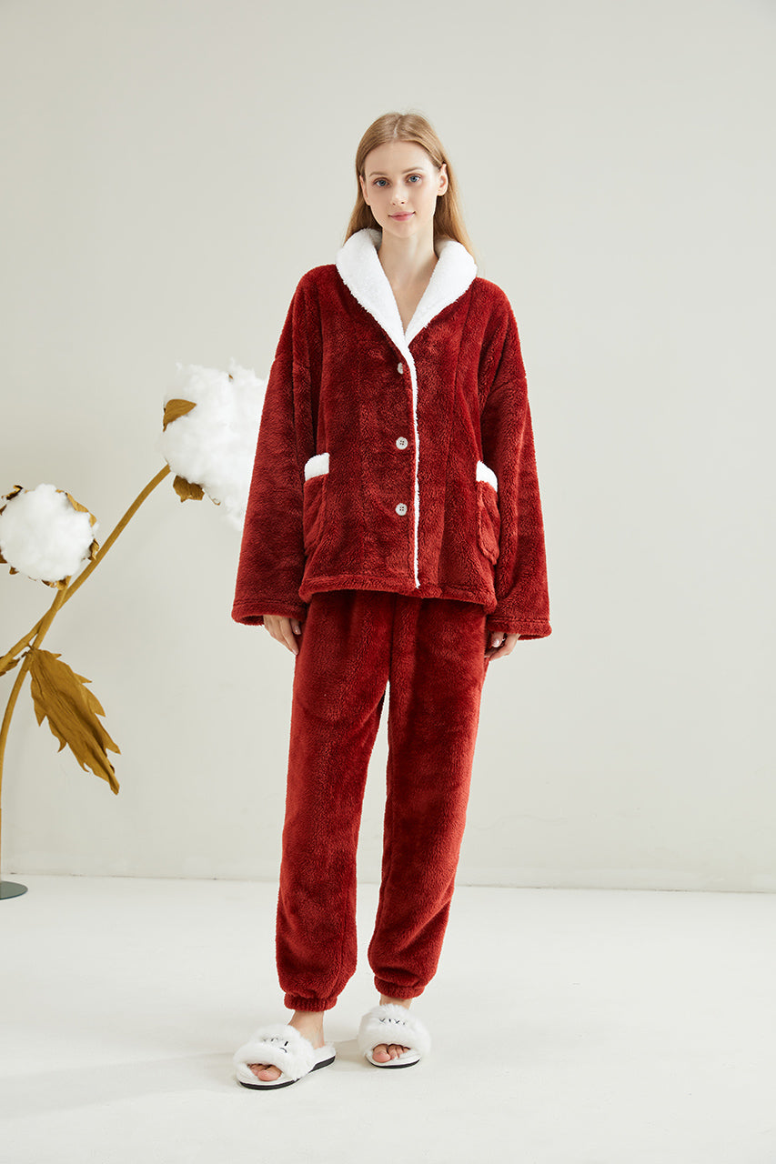 Warm Coral Fleece Pajamas Set With Sherpa Fur Collar