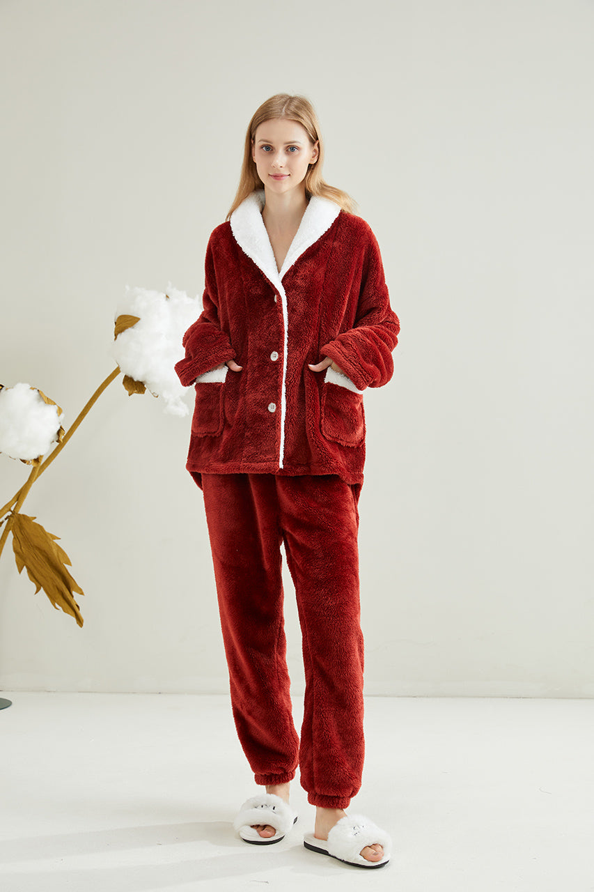 Warm Coral Fleece Pajamas Set With Sherpa Fur Collar