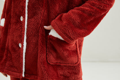 Warm Coral Fleece Pajamas Set With Sherpa Fur Collar