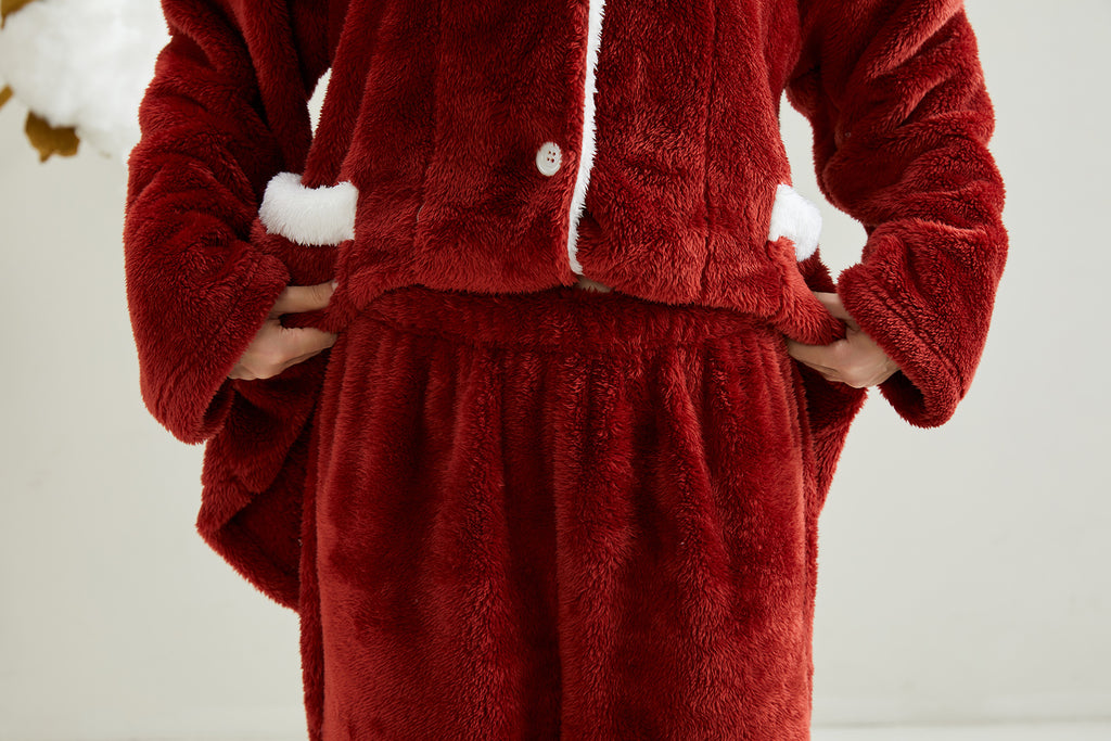 Warm Coral Fleece Pajamas Set With Buttons