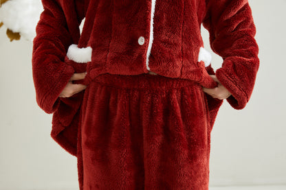 Warm Coral Fleece Pajamas Set With Sherpa Fur Collar