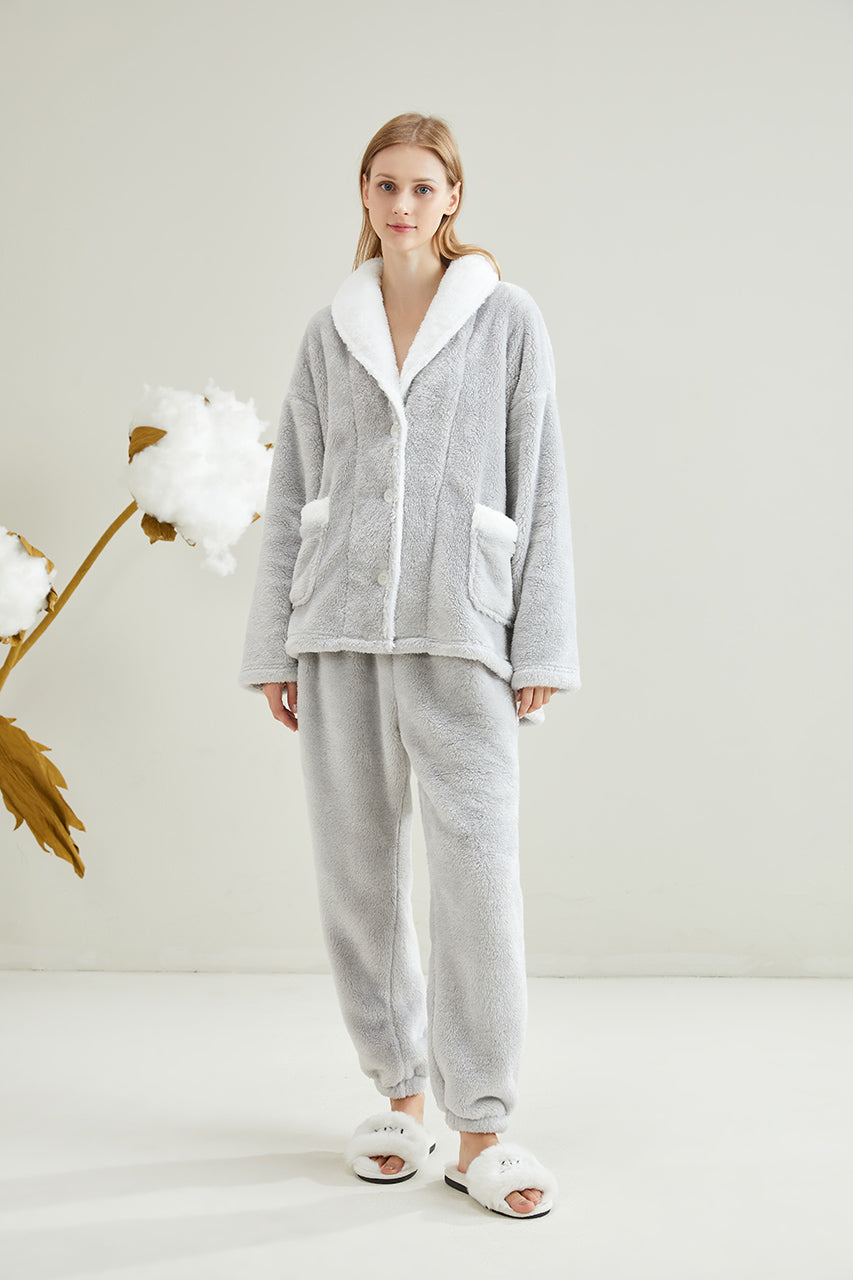 Warm Coral Fleece Pajamas Set With Sherpa Fur Collar