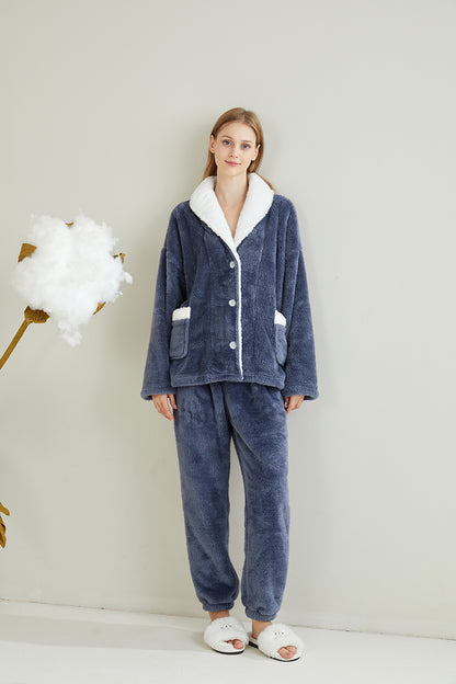 Warm Coral Fleece Pajamas Set With Sherpa Fur Collar