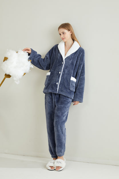 Warm Coral Fleece Pajamas Set With Sherpa Fur Collar