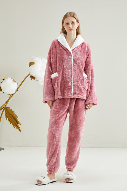 Warm Coral Fleece Pajamas Set With Sherpa Fur Collar