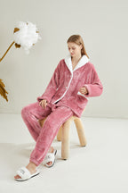Warm Coral Fleece Pajamas Set With Buttons