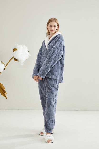 Warm Coral Fleece Pajamas Set With Sherpa Fur Collar