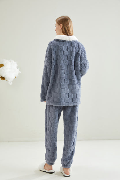 Warm Coral Fleece Pajamas Set With Sherpa Fur Collar