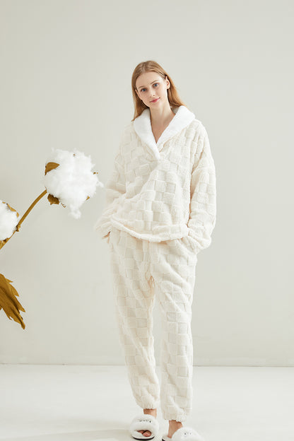 Warm Coral Fleece Pajamas Set With Sherpa Fur Collar